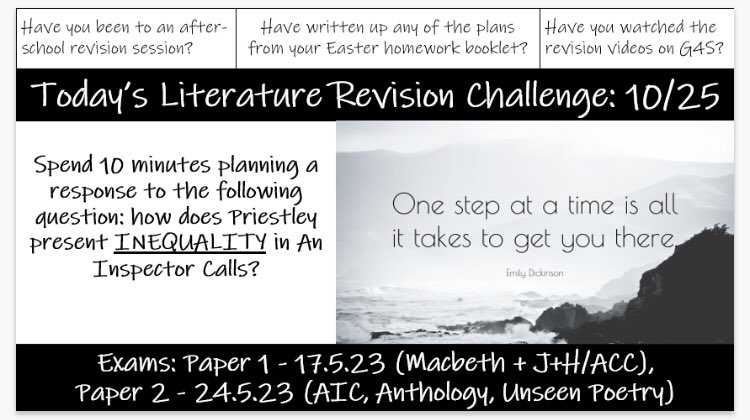 MrsHoneysett's tweet photo. Have a wonderful weekend, Year 11. Balance revision with relaxation. Take just 10 minutes to plan this AIC question. Who knows, it might be in the exam! 
@kingdownschool @EnglishKingdown https://t.co/V8WpNb6cM7