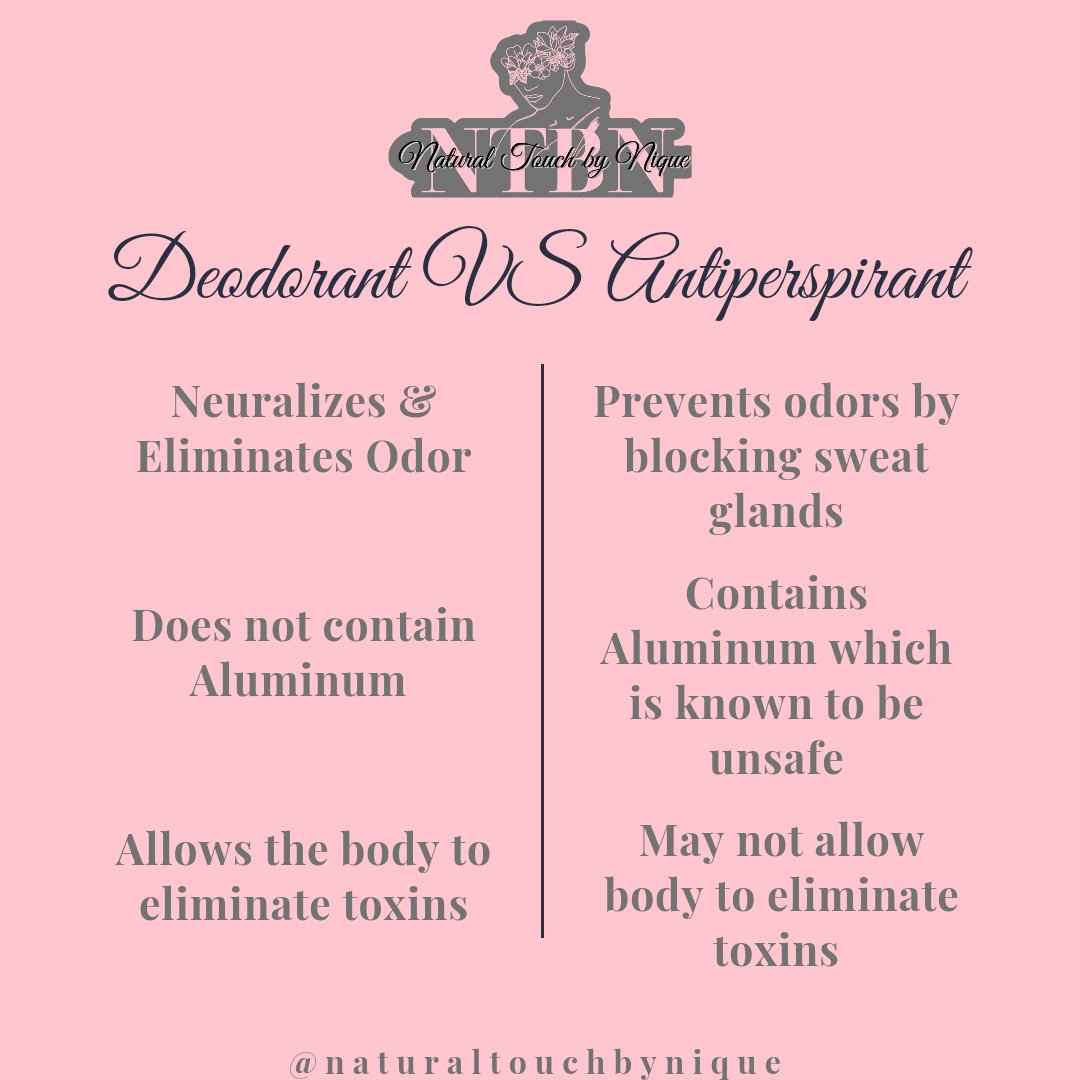 touch_nique's tweet photo. Do you know the difference between a deodorant and an antiperspirant? Here are a few key differences. 
 #naturaltouchbynique
#naturaldeodorant
#nontoxicbeauty
#cleanbeauty
#aluminumfree
#veganbeauty
#crueltyfreebeauty
#sustainablebeauty https://t.co/LNtYORUlQE