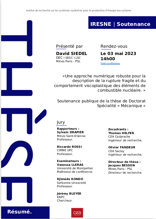 TFEL_MFront's tweet photo. We are please to announce the PhD defense of David Siedel  (@CEACadarache , @CEAParisSaclay @psl_univ) on

"A robust numerical approach to the description of brittle rupture and viscoplastic behaviour of nuclear fuel elements" on May 3 from 14:00 (Paris TZ). https://t.co/o9KtjiAHI1