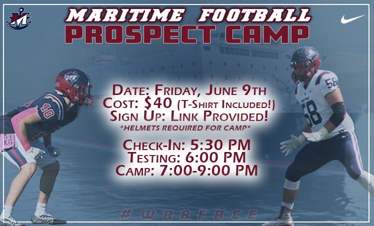 MaritimeFB's tweet photo. 🚨 CAMP ANNOUNCEMENT 🚨

⚓️ SUNY Maritime Football Prospect Camp ⚓️

📅 Friday, June 9th
📍 SUNY Maritime College - Bronx, NY - Reinhart Field
📝 Check-In/Registration - 5:30 PM
💸 Cost - $40 (T-Shirt Included)
🔗 Sign Up Link - https://t.co/N1NlhpZzSP

#WARFACE 🏴‍☠️ https://t.co/yzF9wWdStK