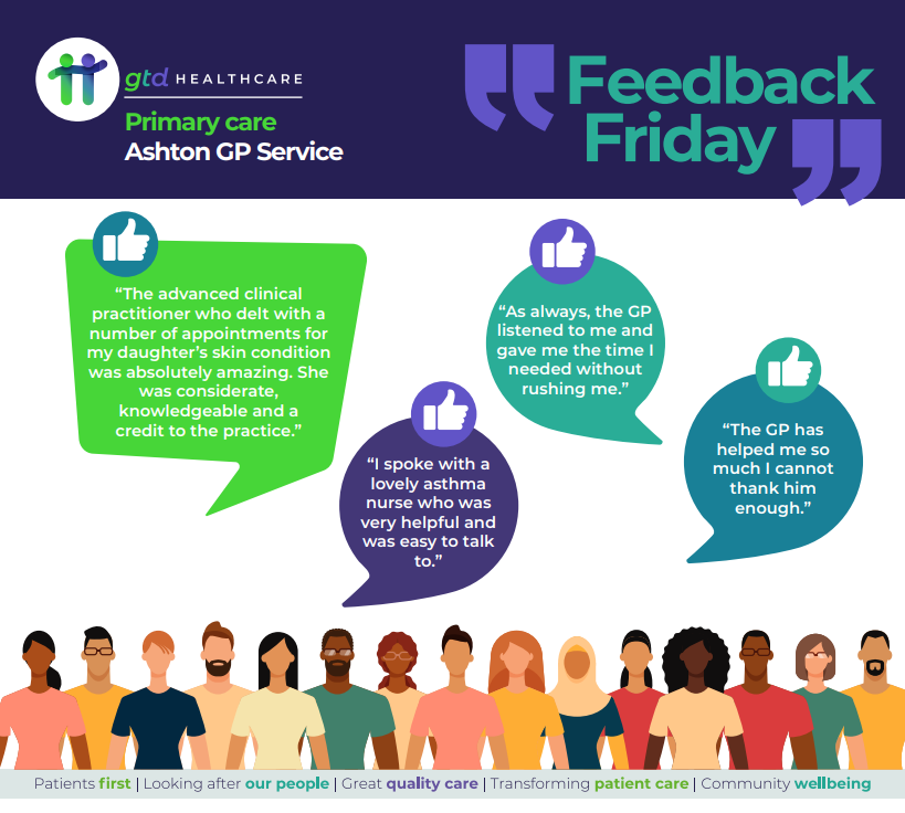 gtdhealthcare's tweet photo. It's #FeedbackFriday and today we share some excellent feedback from patients regarding Ashton GP Service - big well done to the team for providing a #GreatQualityCare.

#PutPatientsFirst #LeadTheWayInTransformingPatientCare #ContributeToTheWellbeingOfLocalCommunities https://t.co/bpH47CxY56