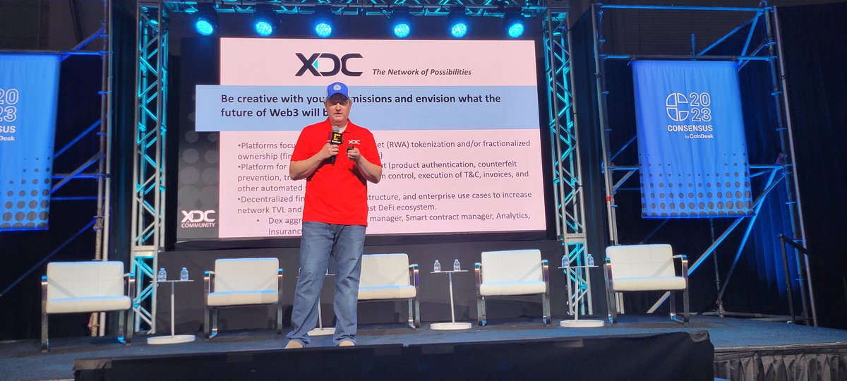 XDC Community member <a href="/WBlueu/">Walter Blueu</a> is on stage at #Consensus2023 talking about the #Web3athon hackathon, the #XDCNetwork, and the developer #community. 

#XDC #Hackathon #Web3 | <a href="/consensus2023/">#Consensus2023</a>