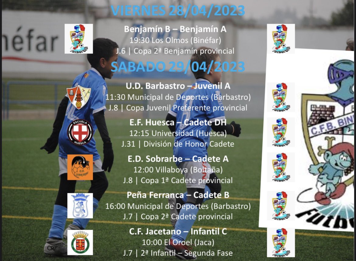 futbolbasebinef's tweet photo. Nueva jornada!

Un nuevo puente y un nuevo fin de semana largo para nuestros equipos💪🏻
La jornada comienza hoy enfrentando a nuestros benjamines en copa y se alargará hasta el lunes cuando el infantil B dispute su jornada número 10 en la copa, https://t.co/bjUrtUik5m