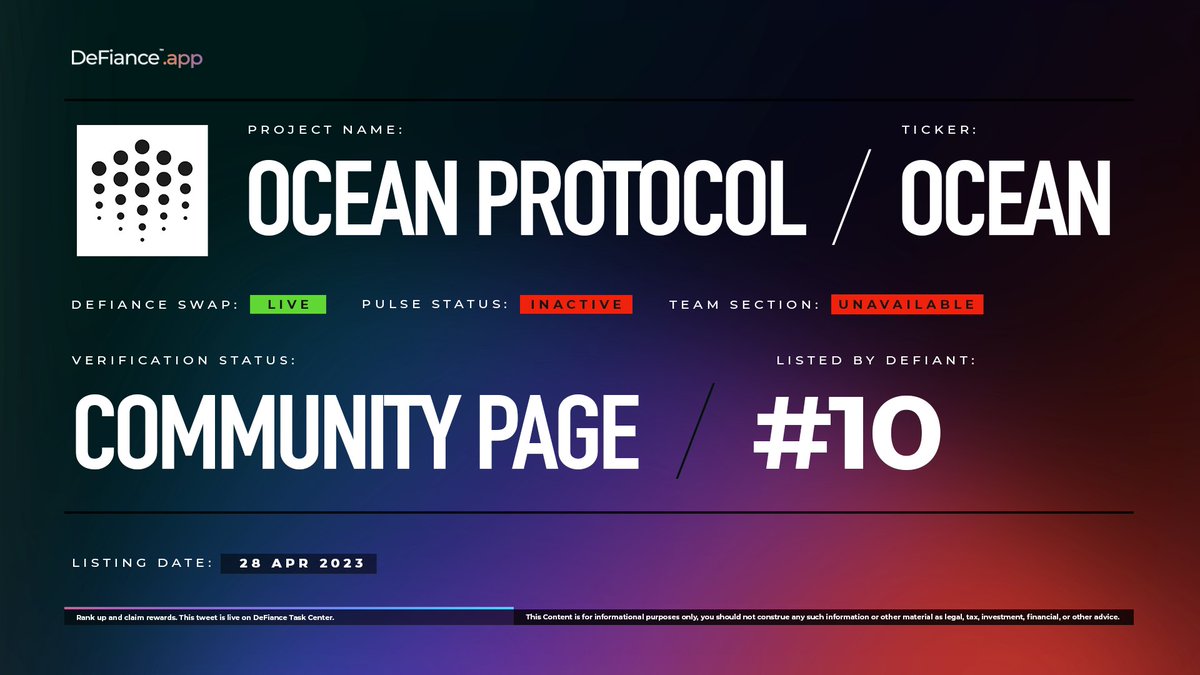 .<a href="/oceanprotocol/">Ocean Protocol</a> community page is now live on DeFiance.app/project/Ocean_….

$OCEAN is now listed on #DeFianceSwap.

Ocean Protocol is a decentralized data exchange protocol to unlock data AI. 

Learn more at users.DeFiance.app.
#OceanProtocol #DeFianceApp