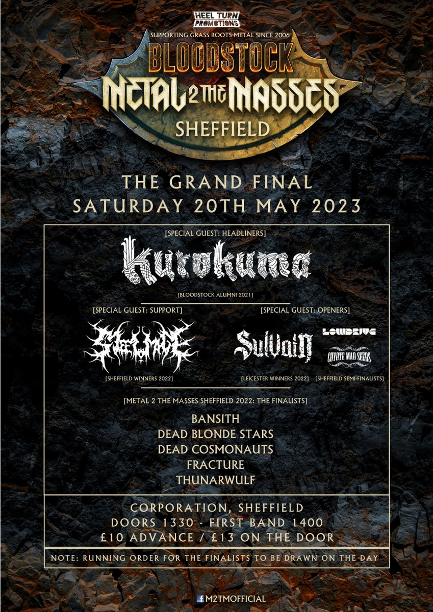 DeadBlondeStars's tweet photo. It all comes down to this! 

We take the stage at @corpsheffield for the Metal 2 The Masses Grand Final on Saturday 20th May, hoping to win a slot at this year's @BLOODSTOCKFEST .
Advance tickets are a tenner, but get them from us for just £7 - just send us a DM!

#M2TM https://t.co/RXxAUf8lTn