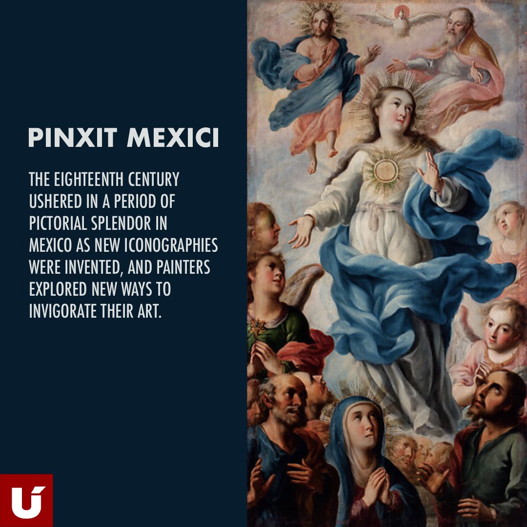 Ultraismo_'s tweet photo. Inspired by the Mística Ciudad de Dios (Mystical City of God; 1670), written by the Spanish nun María de Jesús de Ágreda, the peculiar scene depicts the Virgin twice—below, between Saint Peter and Saint John, and above, rising to meet the Trinity. The repetition emphasizes Mary’s duality as body and soul. The angel gazing out invites the viewer to reflect on the mystery. 

1719: Assumption of the Virgin (La Asunción de la Virgen), by artist: Antonio de Torres (Mexican, 1667–1731) Oil on canvas (Óleo sobre lienzo) at the Museo de Guadalupe, INAH, Secretaría de Cultura, Zacatecas, Mexico

@LACMA @metmuseum 
#ultraismo #pinxitmexici #mexicanart