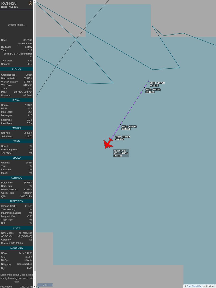 KTPAtweeter's tweet image. #PlaneAlert ICAO: #AE1465 Tail: #066167 Flt: #RCH428 
Owner: #USAF
Aircraft: #C-17A Globemaster III
2023/04/28 12:44:28
#C17 #TacticalAirlift #Globemaster 
globe.adsbexchange.com/?icao=AE1465&amp;amp;s…