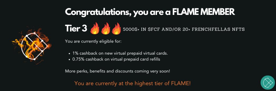 zyptocard's tweet photo. #FLAME (FCF Loyalty and Membership Experience) is an exclusive members-only club, bringing benefits, discounts and offers to the holders of $FCF tokens and #FrenchFellas NFTs.

Join our TG group:  https://t.co/GaGg8tHlN2

#FCF #FCFPAY https://t.co/dn67PQPeAE