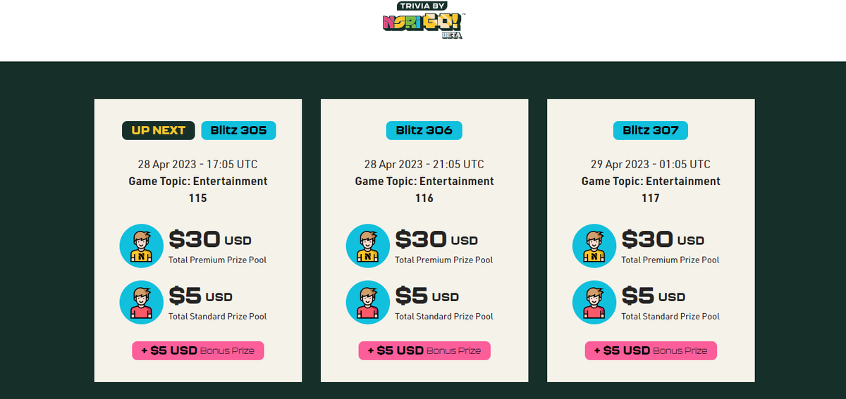 Hey Nori fam, ready for today’s Blitz games? Thinking caps ON everyone 🧢

Theme for today -  Entertainment 

Play the trivia here - trivia.norigo.fun/games

Take a screenshot of your scores and tag us🤝

Pro tip: Wear your lucky t-shirt to enter the bonus round 😉