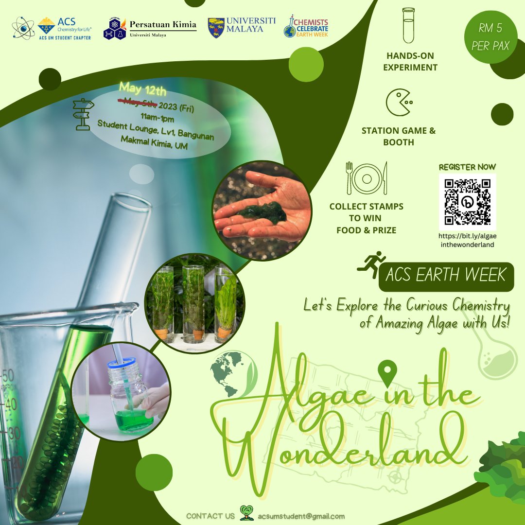 um_acs's tweet photo. "Algae in the Wonderland'' is now rescheduled to May 12th, 2023 (Friday) with our new sponsors and support!

Event's Details:
Time: 11.00 a.m. to 1.00 p.m.
Venue: Student Lounge, Level 1, Bangunan Makmal Kimia, Universiti Malaya
Registration Link: https://t.co/Ukhiiw8nBU https://t.co/MWwDCQAhoG