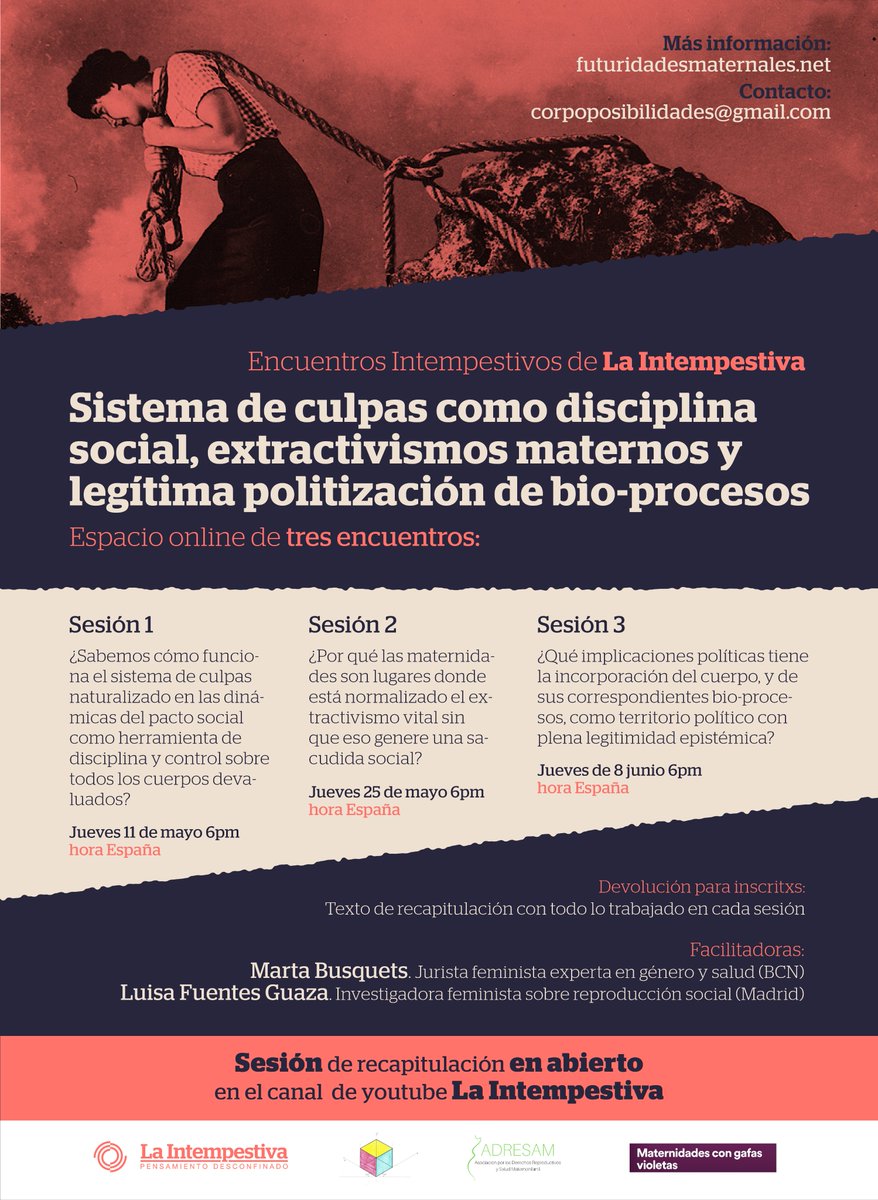Aliadas con La Intempestiva, Luisa Fuentes Guaza y Marta Busquets <a href="/Martabusgal/">Marta Busquets</a> , están planteando preguntas de radicalidad urgente en este ciclo.  
 2ª sesión el 25 de mayo.
🔥💜🔥
+Info en futuridadesmaternales.net/2023/04/28/sis…