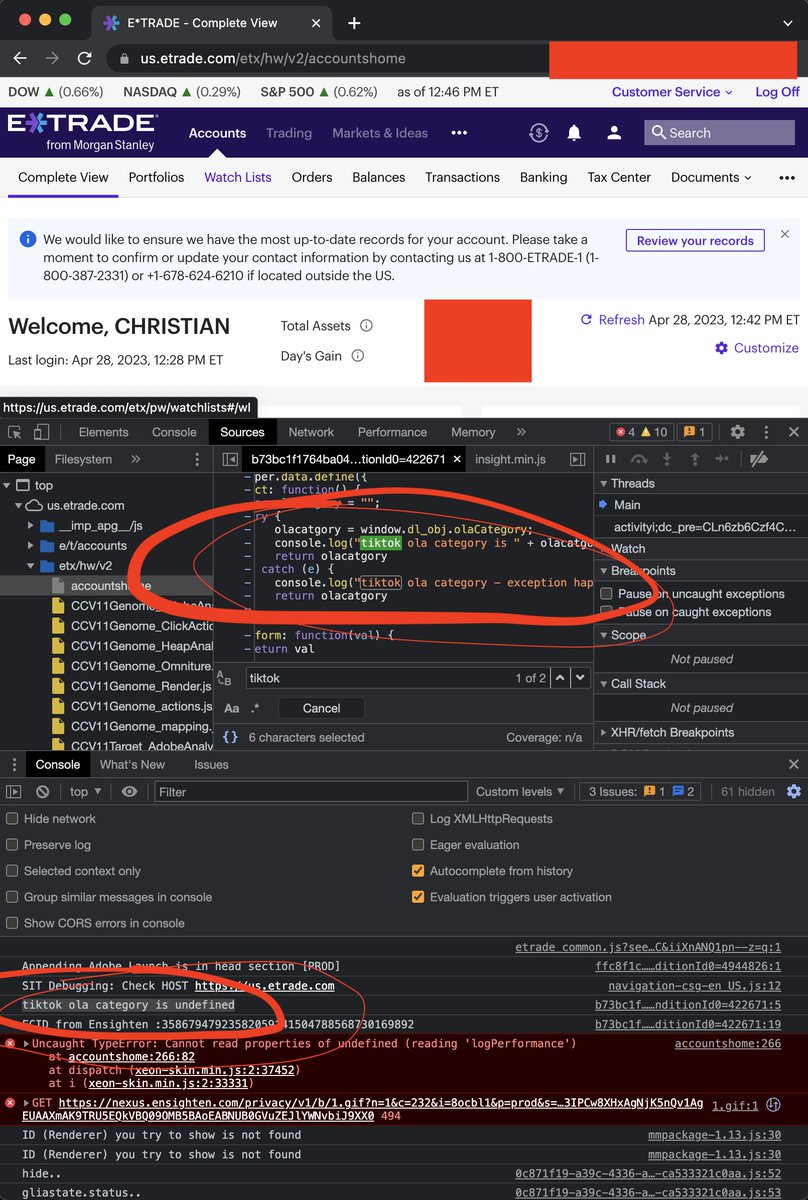🤔 Debugging <a href="/etrade/">E*TRADE from Morgan Stanley</a> website cause I can't upload a transfer file and I see "tiktok ola category is undefined" console logs. Maybe I'm glad that upload didn't work after all?