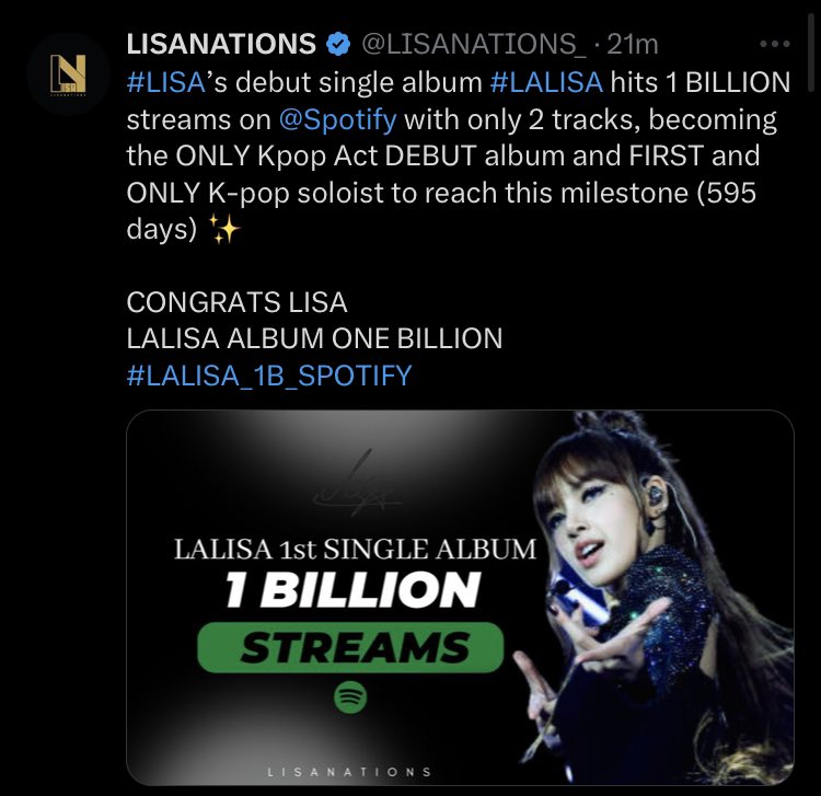 LISANATIONS_'s tweet photo. I am incredibly proud of you Lalisa 😭

CONGRATS LISA
LALISA ALBUM ONE BILLION
#LALISA_1B_SPOTIFY https://t.co/yREhoNtEAE