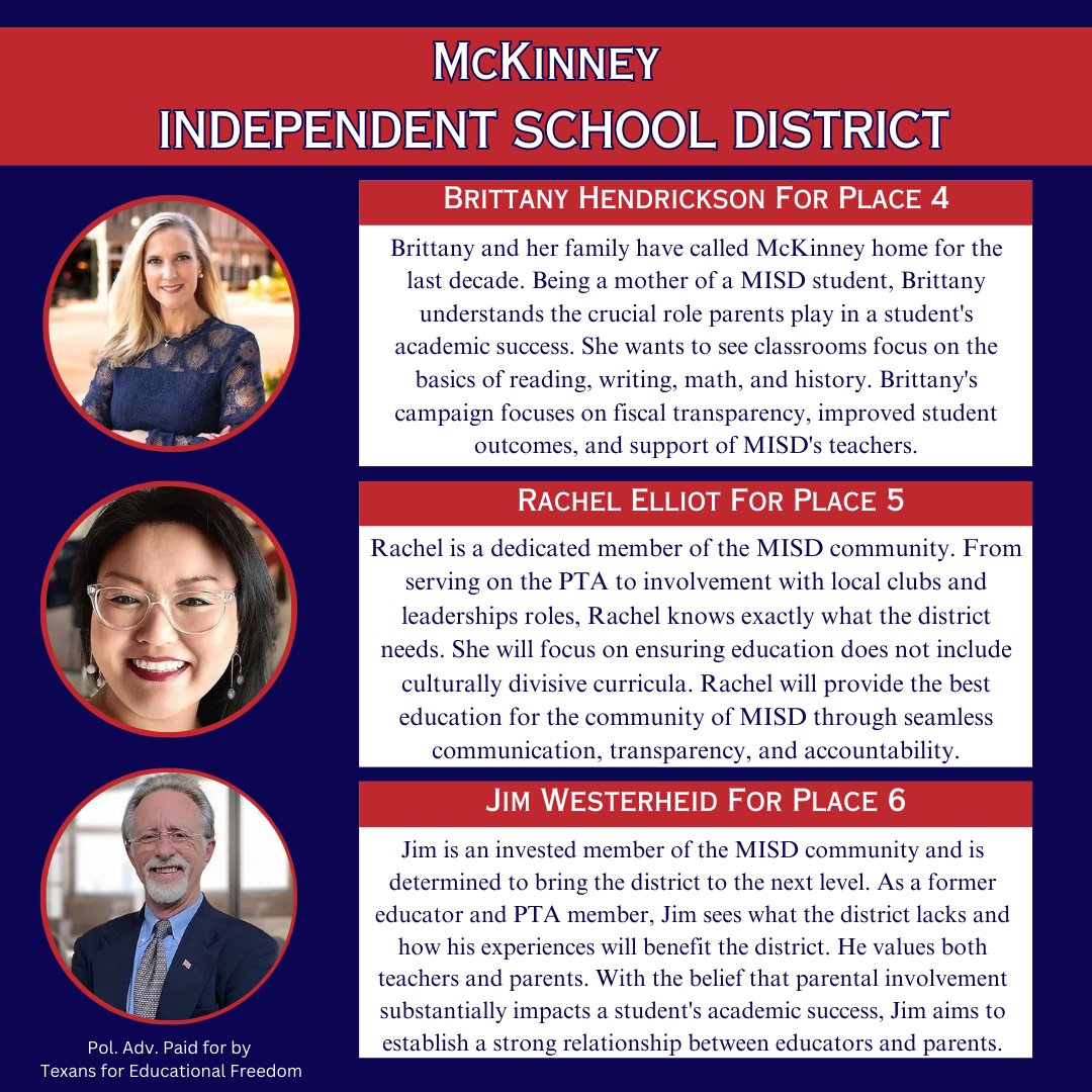 Take a look at TEF's endorsed school board candidates of the week! 

#schoolboard #education #educationalfreedom #parentrights