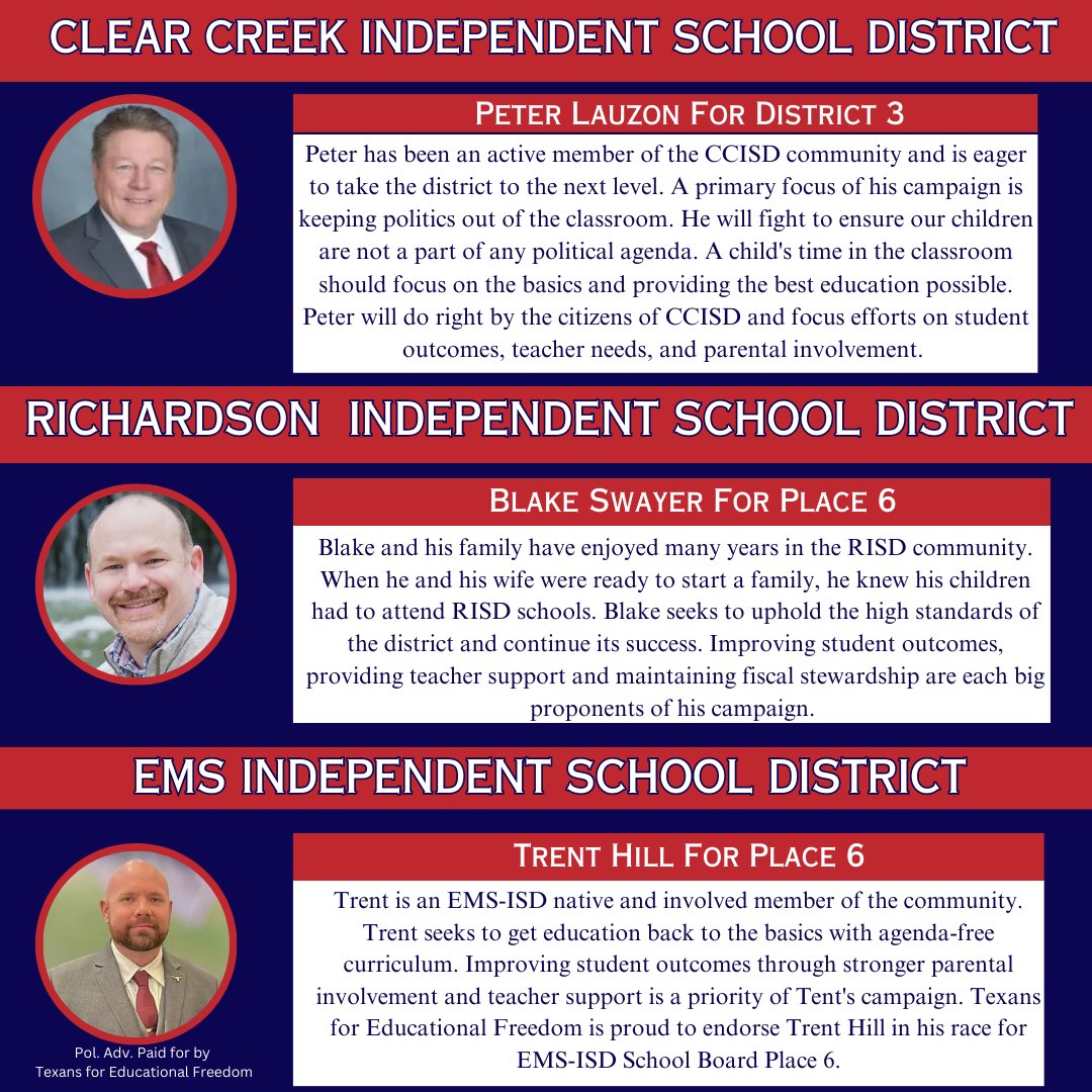 TX4EdFreedom's tweet photo. Take a look at TEF's endorsed school board candidates of the week! 

#schoolboard #education #educationalfreedom #parentrights https://t.co/gU4ZRM5szj