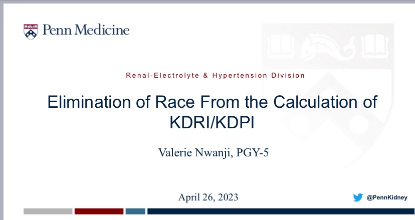 Presented for Transplant conference this week on the elimination of race from the calculation of Kidney Donor Risk Index (KDRI)/Kidney Donor Profile Index (KDPI). This change could potentially reduce discard of kidneys from Black donors, leading to more Black kidney recipients.