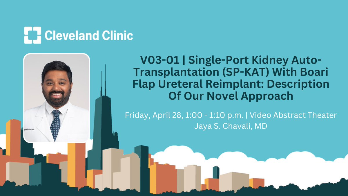 CleClinicUro's tweet photo. V03-01: Single-Port Kidney Auto-Transplantation (SP-KAT) With Boari Flap Ureteral Reimplant: Description Of Our Novel Approach
Join @JayChavaliMD from 1:00 - 1:10 in the Video Abstract Theater. #AUA23 https://t.co/7p9deyihyY