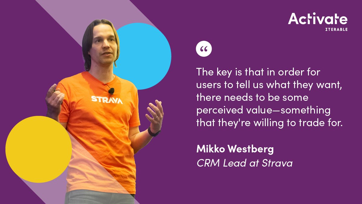 Iterable's tweet photo. Tips from Mikko Westberg of @Strava on #ZeroPartyData:
📊 Ask users what they want
📊 Explain why you need the data
📊 Allow users to update their selections
📊 Deliver on promised value

Watch session now: https://t.co/SUc4HsmmcP

#Activate23 #ZeroPartyData #CustomerInsights https://t.co/8Qpw8OfHF6
