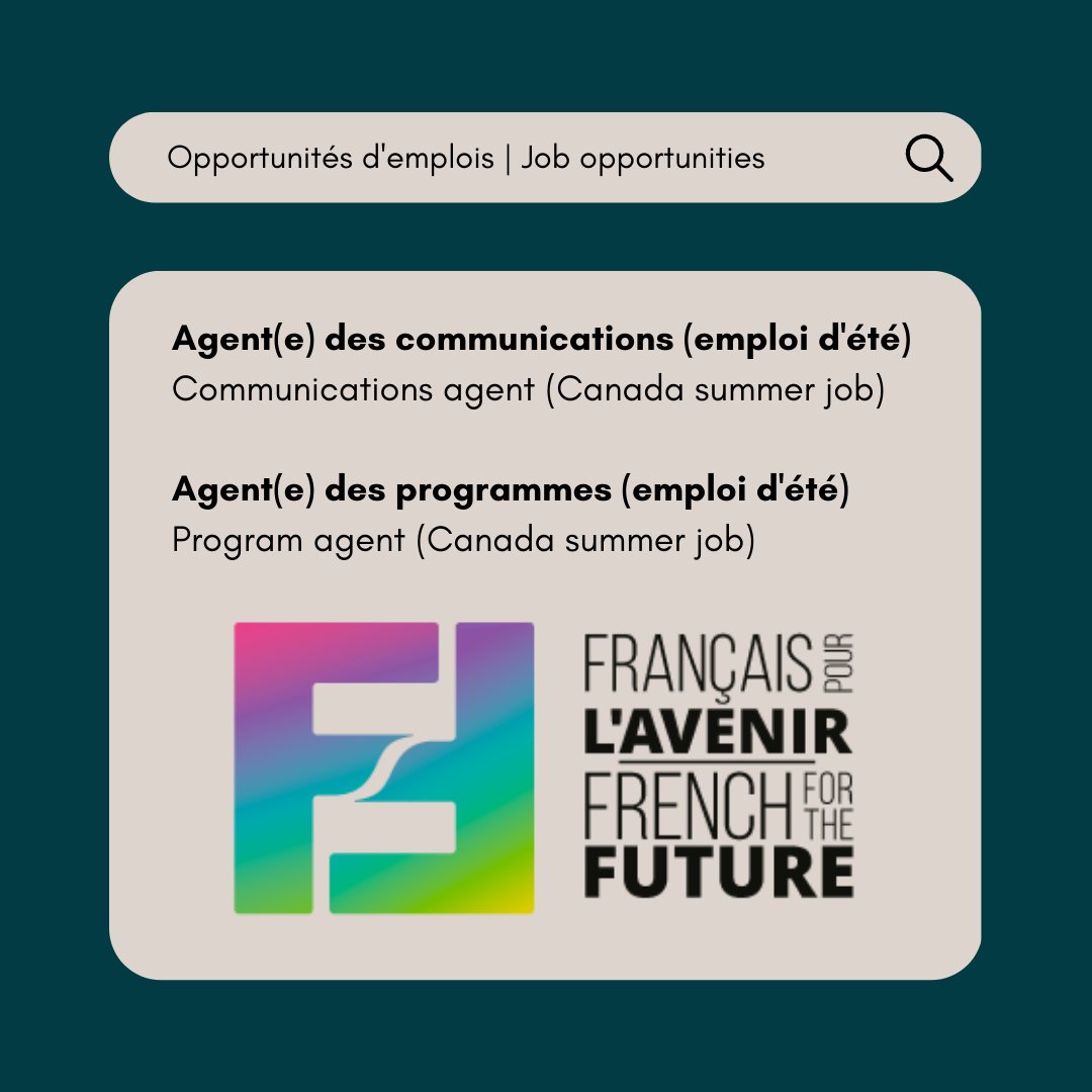 Opportunités d'emplois d'été - Français pour l'avenir

⭐️ Agent(e) des communications
⭐️ Agent(e) des programmes

➡️ french-future.org/fr/a-propos/em…

--

Summer job opportunities - French for the Future 

⭐️ Communications agent
⭐️ Program agent

➡️ french-future.org/about-us/jobs/