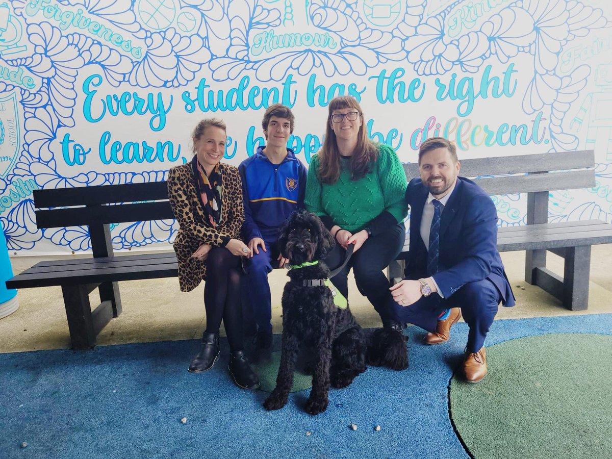 KinsaleComSch's tweet photo. Today @KinsaleComSch we celebrated National Workplace Health and Wellbeing Day. All staff were treated to a ☕️ and our @mycaninecompani 🐕 Elena was keeping us active and happy as usual!  @WellbeingDayIRL #WorkWell23  Smiles all around in Kinsale 😃 https://t.co/crD27vl9Os