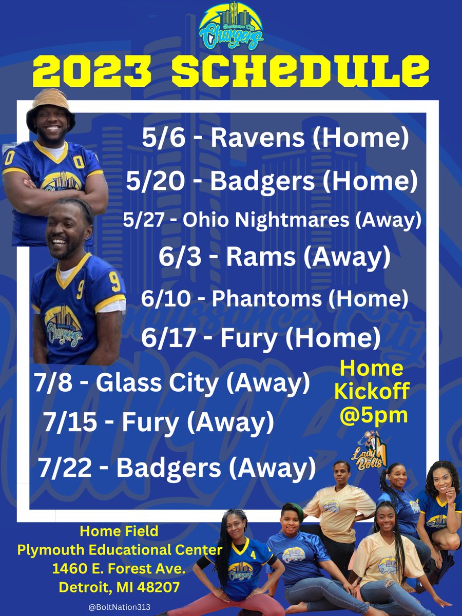 BoltNation313's tweet photo. Here’s the updated schedule for 2023! 💙💛 Come out and support the Chargers &amp; Beautiful Bolts for #Year11 🔥⚡️ https://t.co/Q0TGcAN47s