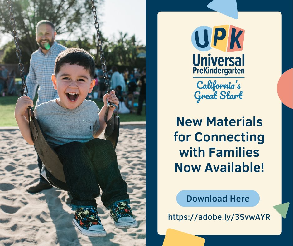 CADeptEd's tweet photo. #UPK is expanding across California! 👏

@CAUniversalPreK's latest materials are designed to help #UPK programs connect with families. Download all of the materials here: https://t.co/I97RaCneo6 https://t.co/4Ai1f4vq12