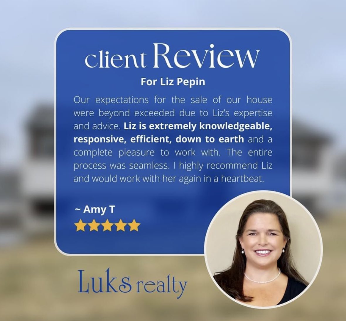Knowledgeable… Responsive…
Efficient… Down to Earth…
These are just some of the adjectives clients are using to describe Liz. 
In need of a Realtor? 
lizpepinrealestate.com
#luksrealty 
#ctrealestate #ctrealestateagent 
#newfairfieldct #shermanct #danburyct