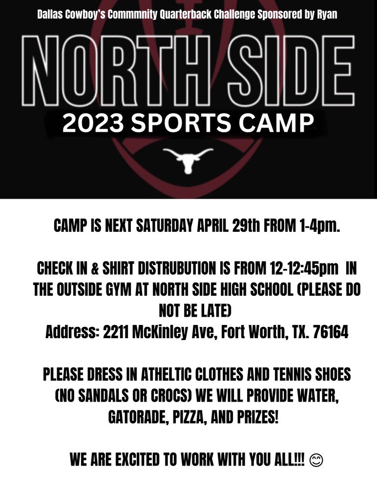 DHJ_CoachG's tweet photo. Excited to be a part of the North Side All Sports Camp sponsored by the @dallascowboys! Over 100+ #FutureSteers will be in attendance! Camp shirt and lunch provided.
#SteersUp🤘🏽 #CowboysCommunityQBChallenge https://t.co/VtYrTAP5CL