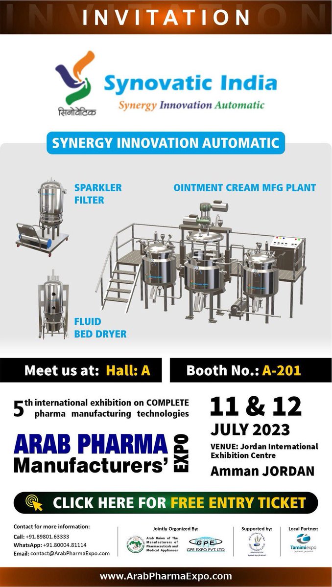 Synovatic's tweet photo. Arab Pharma Expo Invitation 
#invitation #arabpharmaexpo2023 #arabpharma #jordan #Amman  #synovaticindia #processingmachinery #ointmentpreparationplant #fluidbeddryer #powdermixing #powdermixer #Traydryer #filtration #dryingmachinery #sparklerfilter #Homogenizer #Vessels https://t.co/3zpXzvmG6k