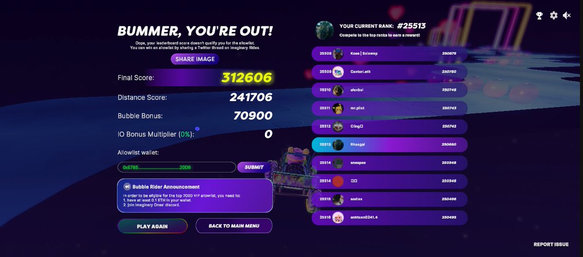 After working for 14 hrs instead of resting, I decided to play Imaginary Rides &amp; didn't expect to find this game very addicting especially when you see the progress of your final score on every try. Thank you for this game <a href="/Imaginary_Ones/">Imaginary Ones | Bubio.ai</a> So bullish ever since!

#ImaginaryRides