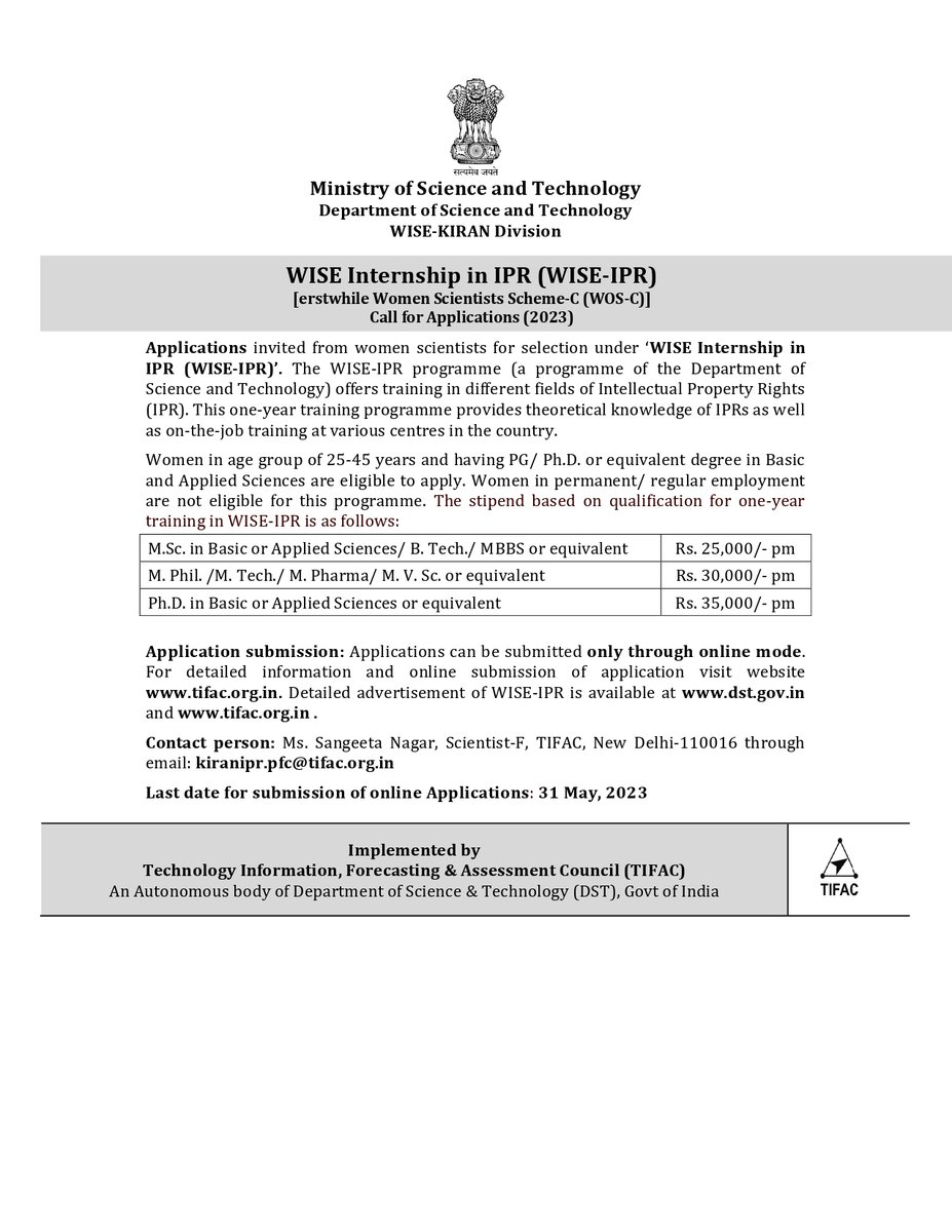 📢Applications invited by 31 May 2023 from #women #scientists for selection under ‘WISE Internship in #IPR (WISE-IPR)’.

For online submission visit: tifac.org.in 

<a href="/DrJitendraSingh/">Dr Jitendra Singh</a> <a href="/srivaric/">chandra Srivari</a> @NishaDST123 <a href="/VandanaDST/">Dr Vandana Singh</a> <a href="/TIFAC4/">TIFAC</a>
