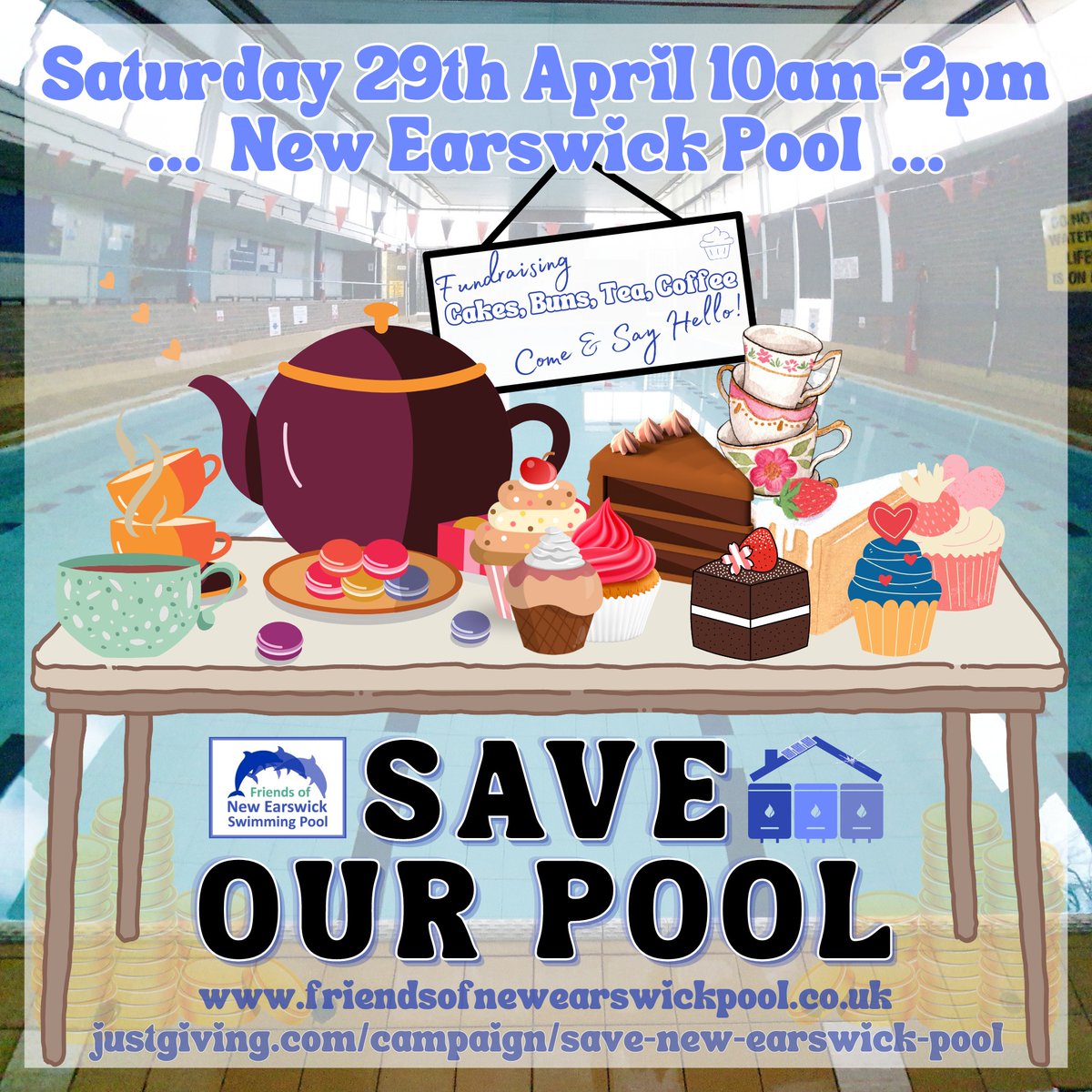 Do you like tea &amp; cake?
Visit the #FONESP stall outside New Earswick pool tomorrow (Saturday 29th April) between 10am &amp; 2pm.
Loads of cake, Buns, Baking, Tea &amp; Coffee will be available!
All profits go to the #SaveOurPool campaign 
#Newearswick #York #Huntington #Strensall