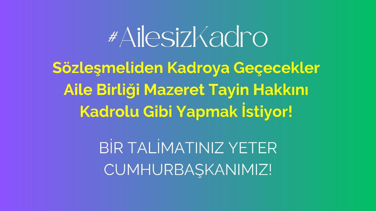 Sözleşmeliden kadroya geçen memurlar olarak kadrolu memurlarin hakkı olan eş mazereti tayin hakkını kullanmak istiyoruz. 
Kadroda ikilik istemiyoruz.
Verilen sözler tutulsun. <a href="/RTErdogan/">Recep Tayyip Erdoğan</a>
<a href="/dbdevletbahceli/">Devlet Bahçeli</a>
<a href="/Mustafa_Destici/">Mustafa Destici</a>
<a href="/MA_FatihErbakan/">Fatih Erbakan</a>
#AilesizKadro