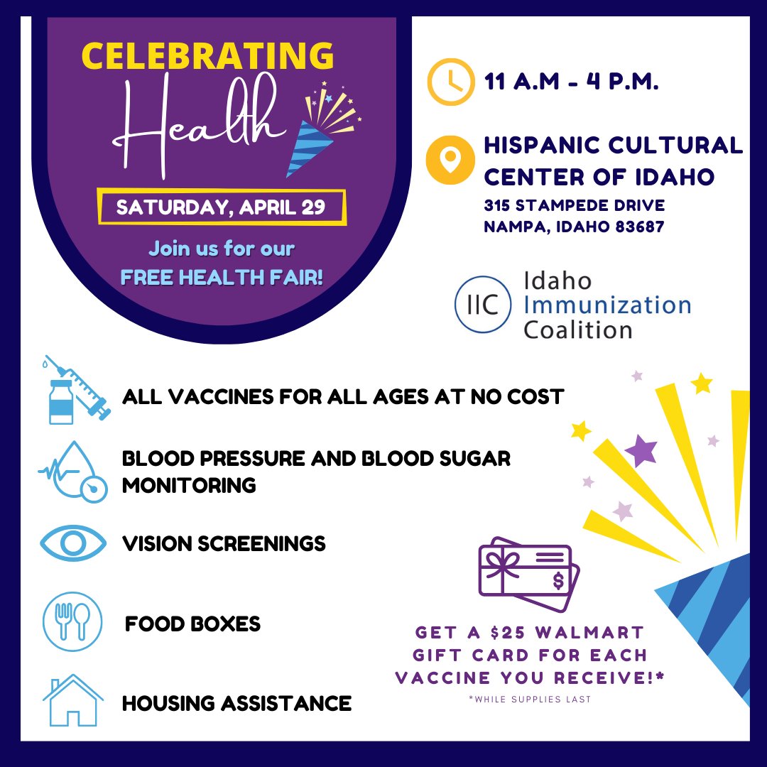 IDHW's tweet photo. Join us Saturday for a free lead exposure risk assessment, blood-lead testing, vision screening, vaccinations, and more at the Celebrating Health event. It will be Saturday, April 29, from 11 a.m. to 4 p.m. in Nampa. More info: https://t.co/heaWQqKmxn https://t.co/dsFUzOdWYH