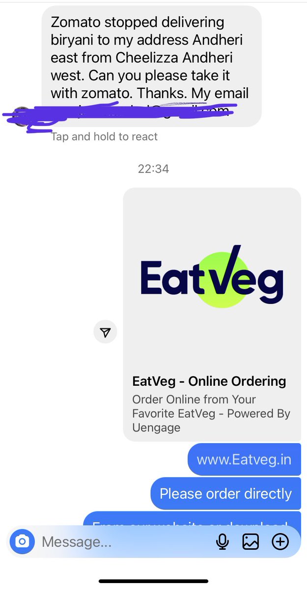 So this happened.  <a href="/zomato/">zomato</a> reduced our delivery radius to 4 kms because we dint agree to increase commissions. In 3 days our direct orders shot up and customers started reaching out to us directly. One such message came just now &amp; I couldn’t resist sharing. Lesson : —