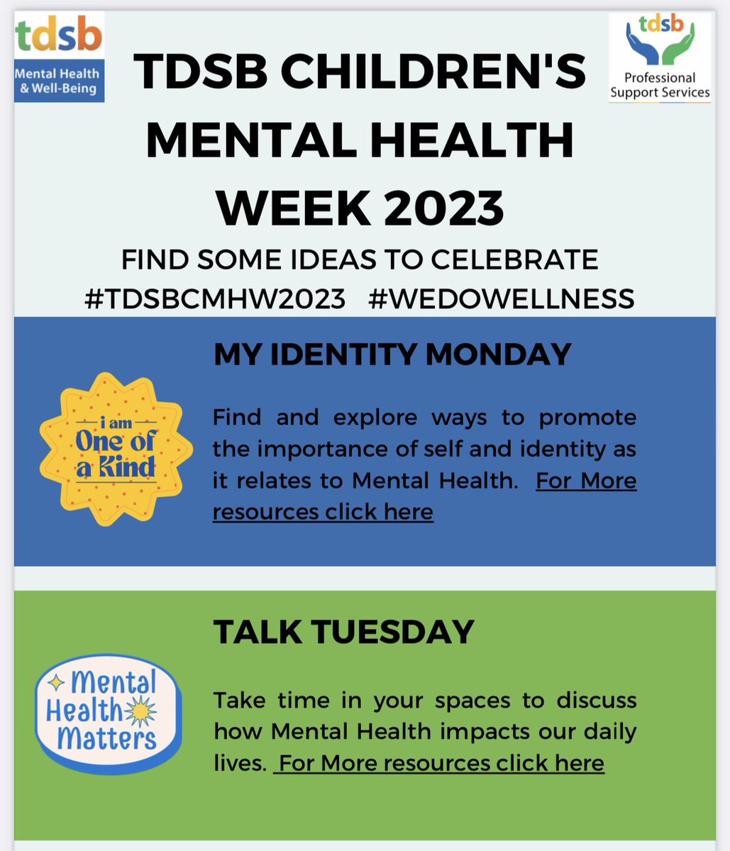 TDSB_Psych's tweet photo. May 1-5, 2023, is Children’s Mental Health week… here are some ideas to consider!  Links can be found in the comments #TDSBCMHW2023 #wedowellness https://t.co/HAiZtE3wem