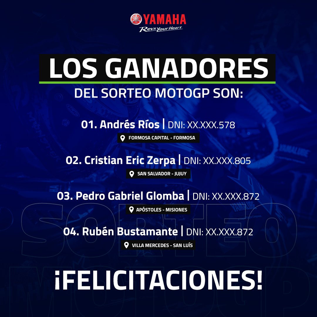 YamahaMotorArg's tweet photo. ¡Se acabó la espera! 🎁🎉 Felicitamos a los ganadores del Sorteo MotoGP, que se llevan un casco Caberg firmado por los pilotos del Monster Energy Yamaha MotoGP. ¡Gracias a todos los participantes! Los ganadores serán contactados vía mail. #YamahaMotorArgentina #SorteoMotoGP https://t.co/PFWVNTGjUC