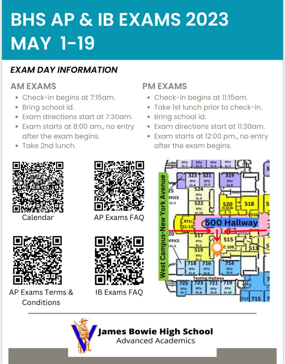 AP &amp; IB exams start Monday, May 1.  See the document below for important details!  Good luck on your exams!