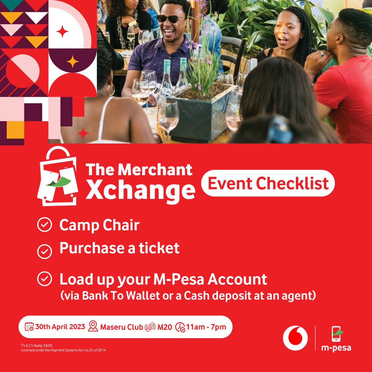 VodacomLes's tweet image. Hey M-Pesa customers! Don't forget to bring your camp chairs and load up your accounts at an agent or via Bank to Wallet before heading to the M-Pesa Merchant Xchange this weekend. We can't wait to see you there for a day of fun, food and shopping! #LoadUp #Lstwitter