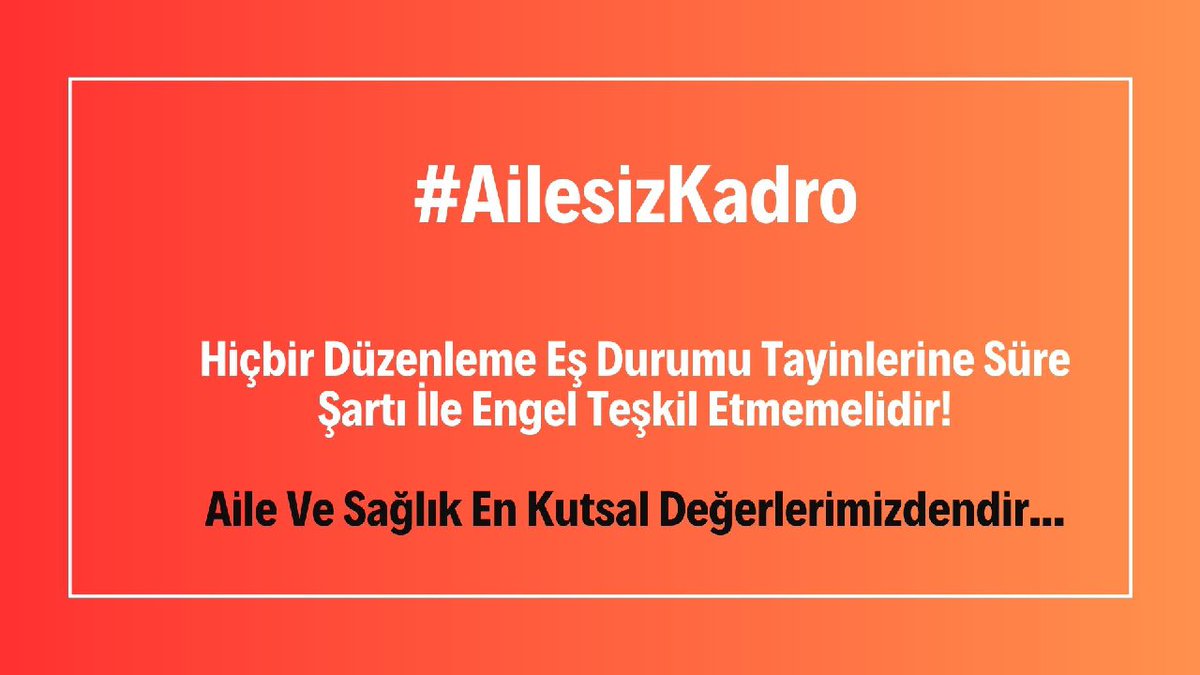 Aile birliği istiyoruz !
Kadroya Geçen Öğretmenlerin Eş Durumu Muhakkak Sağlanmalı var olan belirsizlik ortadan kalkmalıdır.
<a href="/vedatbilgn/">Vedat Bilgin</a>
<a href="/prof_mahmutozer/">Mahmut Özer</a>
<a href="/RTErdogan/">Recep Tayyip Erdoğan</a>
#AilesizKadro