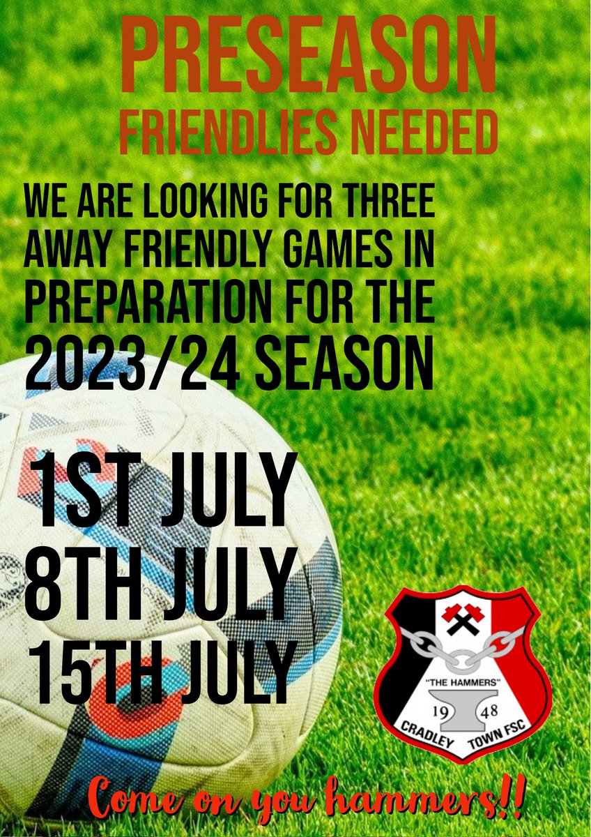 Cradley Town FC are looking to play three away friendly matches in preparation for the 23/24 season. These need to be away due to pitch maintenance.
If interested comment or drop us a DM for more information. Thanks