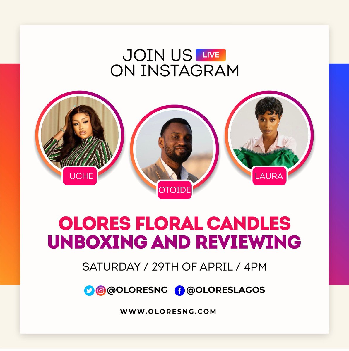 OloresNG's tweet photo. Join us for a fun session this Saturday (29th April) by 4pm, as -

@MicciLaura @otoide_a &amp; @uchemontana talk about Olores Floral scents (unboxing and reviewing).

Turn on post notifications 📣 so you don’t miss out on this interesting session.
#oloresnglivesession #candlereview https://t.co/PfoJ52LK8M