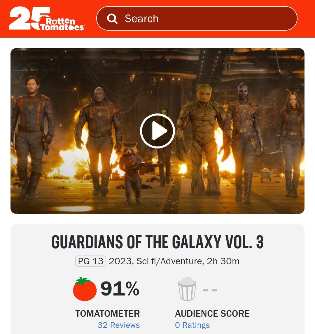 SUBIU 🚀 GUARDIÕES DA GALÁXIA VOL 3 agora está com 91% no Rotten Tomatoes.