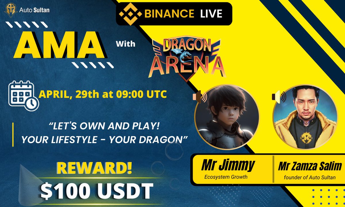 Autosultan_team's tweet photo. 🟢TODAY ‼️
#BinanceLive AMA wth @The_DragonArena 🔥

🎁 $100 USDT
📆 APRIL, 29th 2023
⏰ At 9AM UTC
🏨 https://t.co/gRnRWwDTgX

📌RULES
Follow @The_DragonArena
Join:
TG https://t.co/533YxE1H7e
DC https://t.co/Z0AY5EgeCl

LIKE RT &amp; Comment Your Q, Tag 3 FRIENDS‼️
#DragonArena #IDO https://t.co/aRmabXirsA
