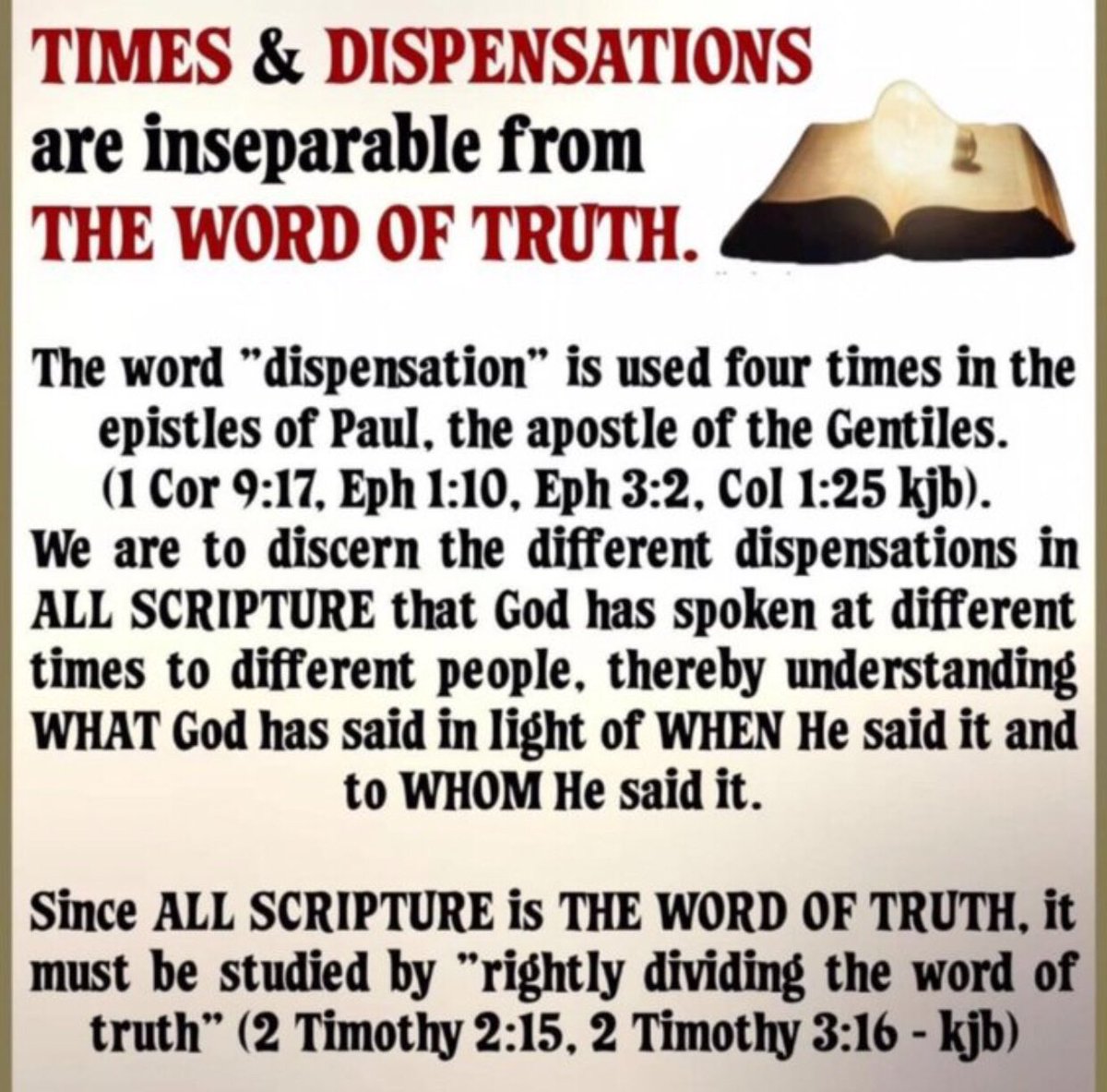 JHandley27's tweet photo. Dispensations
https://t.co/V7IwnCLjPm
1. Innocence: Adam
2. Conscience: Adam
3. Human Government: Noah
4. Promise: Abraham
5. Law: Moses
6. Grace: Paul
7. Millennium: Christ
8. Fulness of Times: Israel earth; body of
    Christ heavenly places https://t.co/nQiBzcEAkM