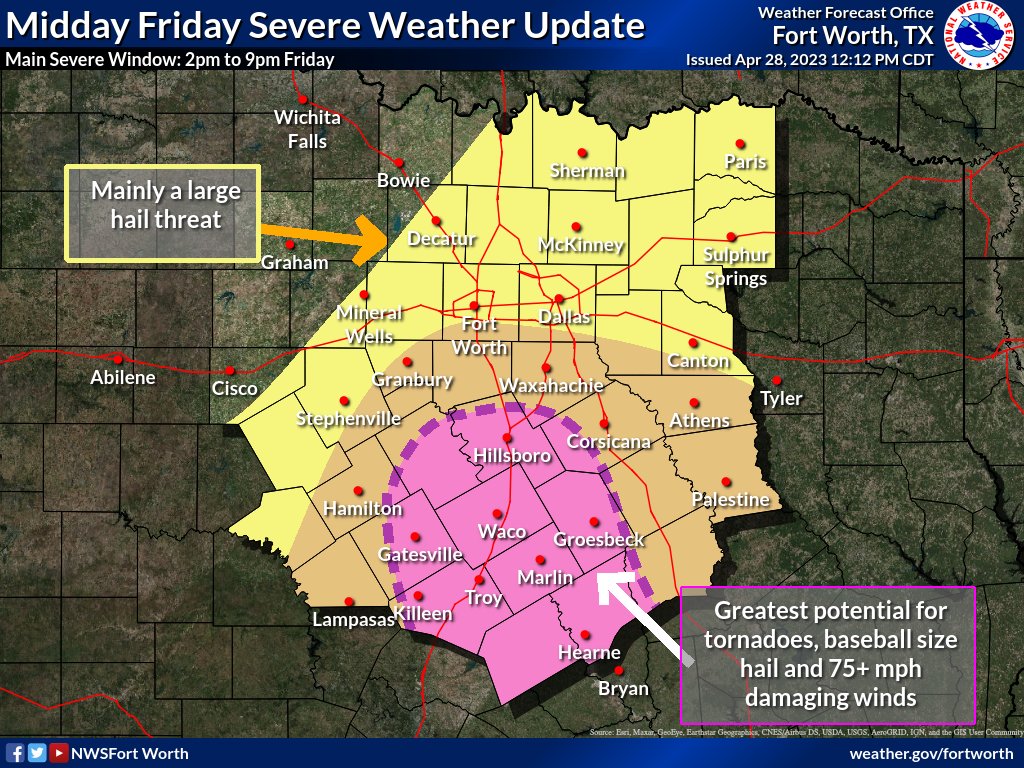 NWSFortWorth's tweet photo. Final severe weather forecast update before storms fire ~2pm. The greatest severe threat is the area south of I-20 along the I-35 corridor where baseball size hail, wind damage, and a couple tornadoes are expected. Across the DFW Metro, mainly a large hail threat. #dfwwx #ctxwx https://t.co/D7pSzpUeld