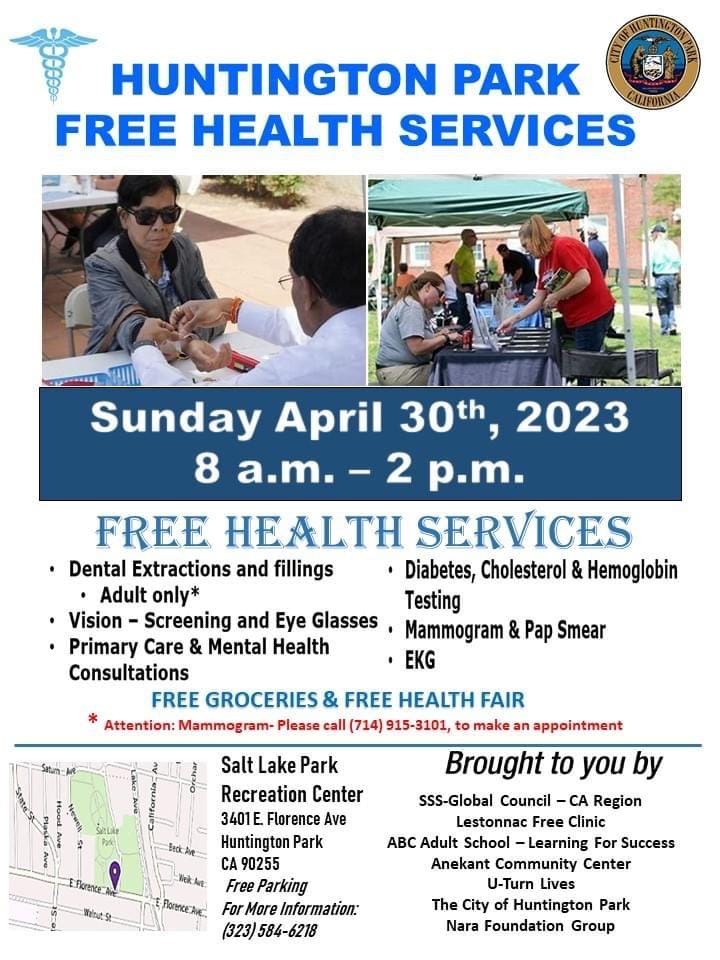 Huntington Park Free Health Services
Free Groceries &amp; Free Health Fair
April 30, 2023, 8am-2pm
@ South Lake Park Recreation Center