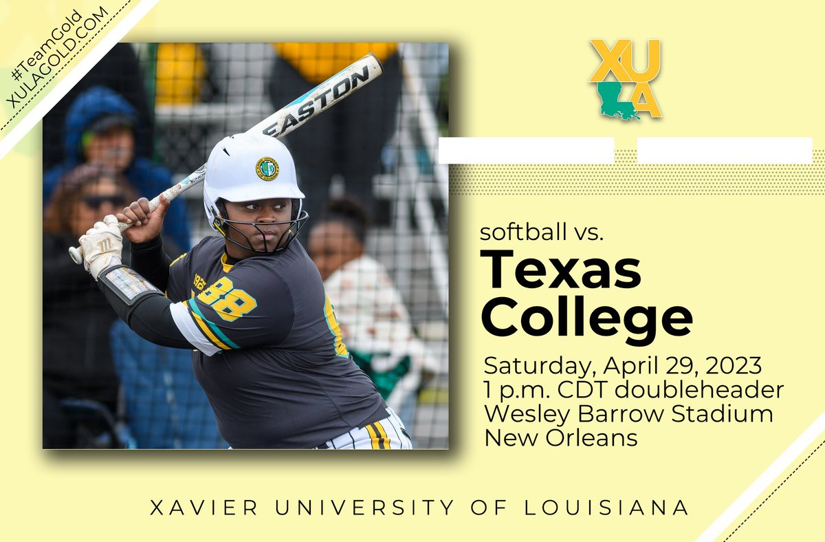 xulagold's tweet photo. Gold Nuggets' 2023 home finale is Saturday. Video on GameChanger app.
• Tickets: https://t.co/FDylRh5UvB
• Game 1 stats: https://t.co/RIQneJF1iY
• Game 2 stats: https://t.co/3rNsmPqpNg
#TeamGold #HailAllHailXU #NAIASoftball #HBCU #XULA https://t.co/UJ1EmnXfvB