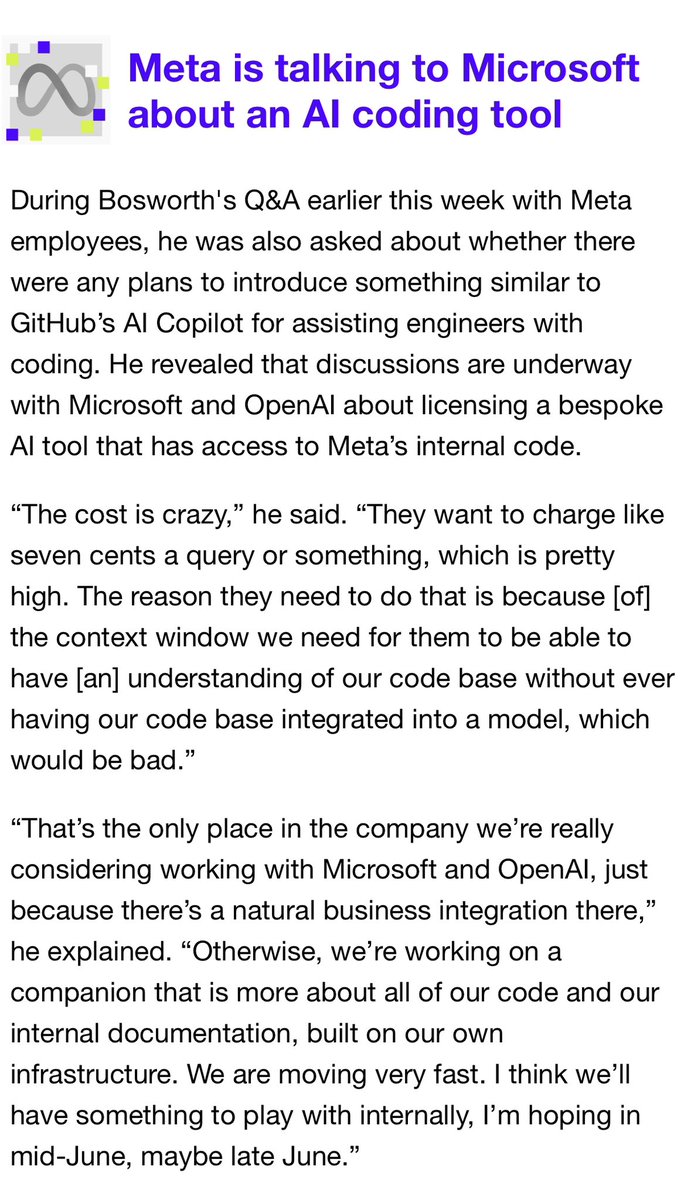 alexeheath's tweet photo. scoop: Meta is talking to Microsoft/OpenAI about doing an internal AI coding assistant for its engineers, but the cost is “crazy” at around 7 cents per query https://t.co/TnKoYIblMm