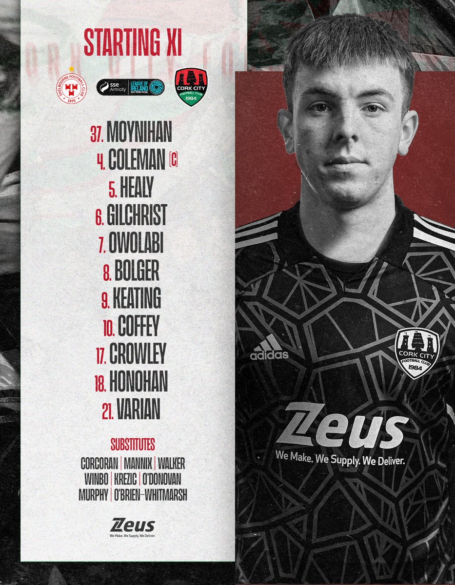 CorkCityFC's tweet photo. 𝗦𝗧𝗔𝗥𝗧𝗜𝗡𝗚 𝗫𝗜 📝

Here’s how we line up to face Shelbourne this evening at Tolka Park.

Daniel Moynihan starts in goal, a league debut for the young keeper ✅

Kick-off is at 7:45pm.

#CCFC84 || #LOI || @zeus_packaging https://t.co/KaCJdyVTyL